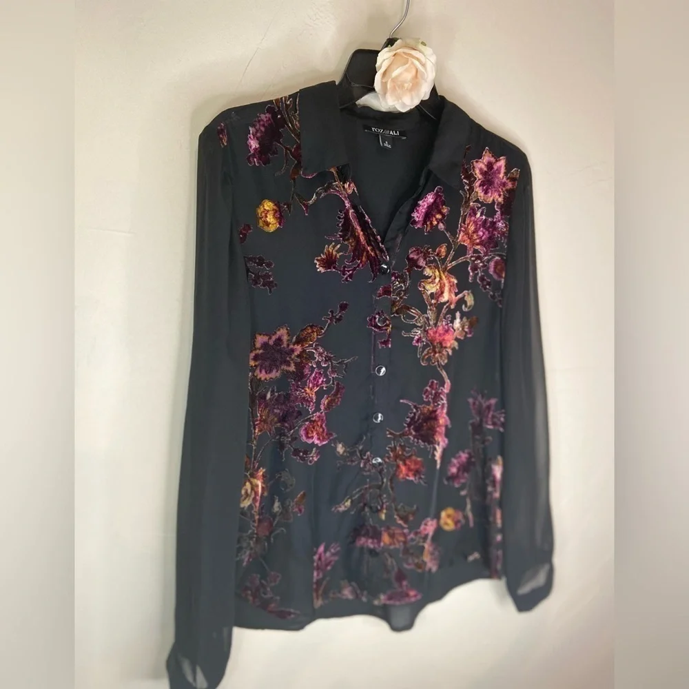 Roz & Ali~Sheer Black Fabric~Crushed Velvet Floral Design~Long Sleeves~Size S - Picture 2 of 10
